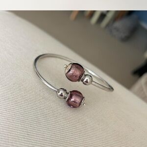 Sterling Silver Wire Bangle Bracelet with pink Venetian glass accent, adjustable